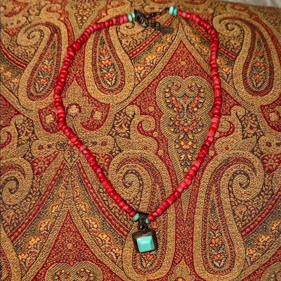 Artisan Red coral  Beaded Necklace with Turquoise Charm Sterling Silver vintage - Picture 11 of 17